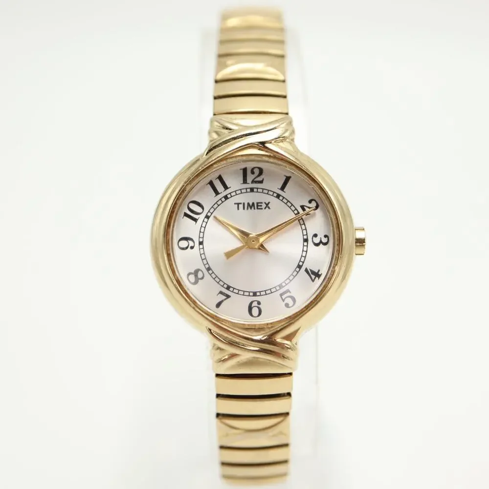 Timex Ladies 26mm Womens Gold Tone Watch Champagne Dial Stretch Band New Battery